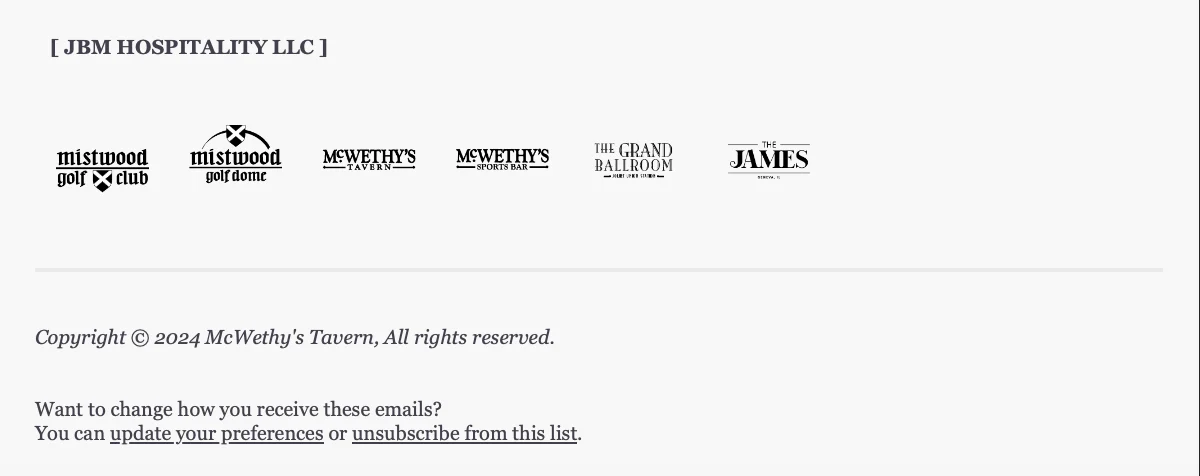 McWethy's Tavern email campaign footer and JBM Hospitality brands
