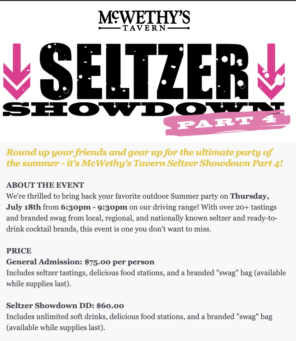 McWethy's Tavern Seltzer Showdown event details within the Summer Concert email