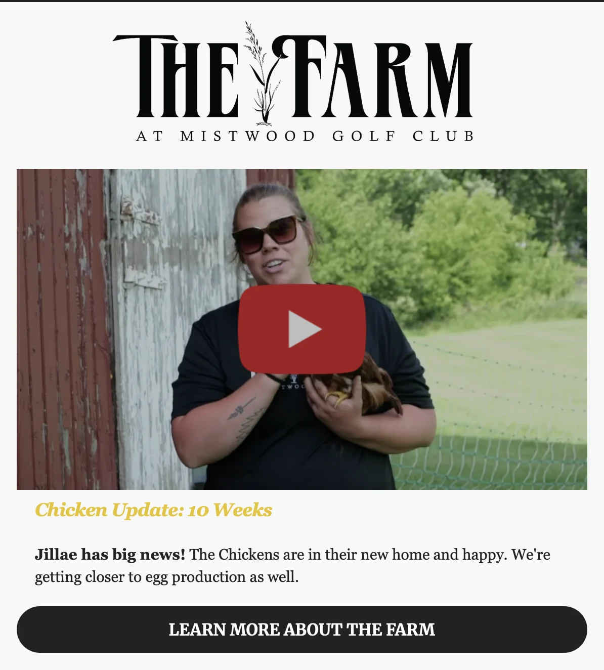 The Farm at Mistwood Golf Club promotional content within a McWethy's Tavern email