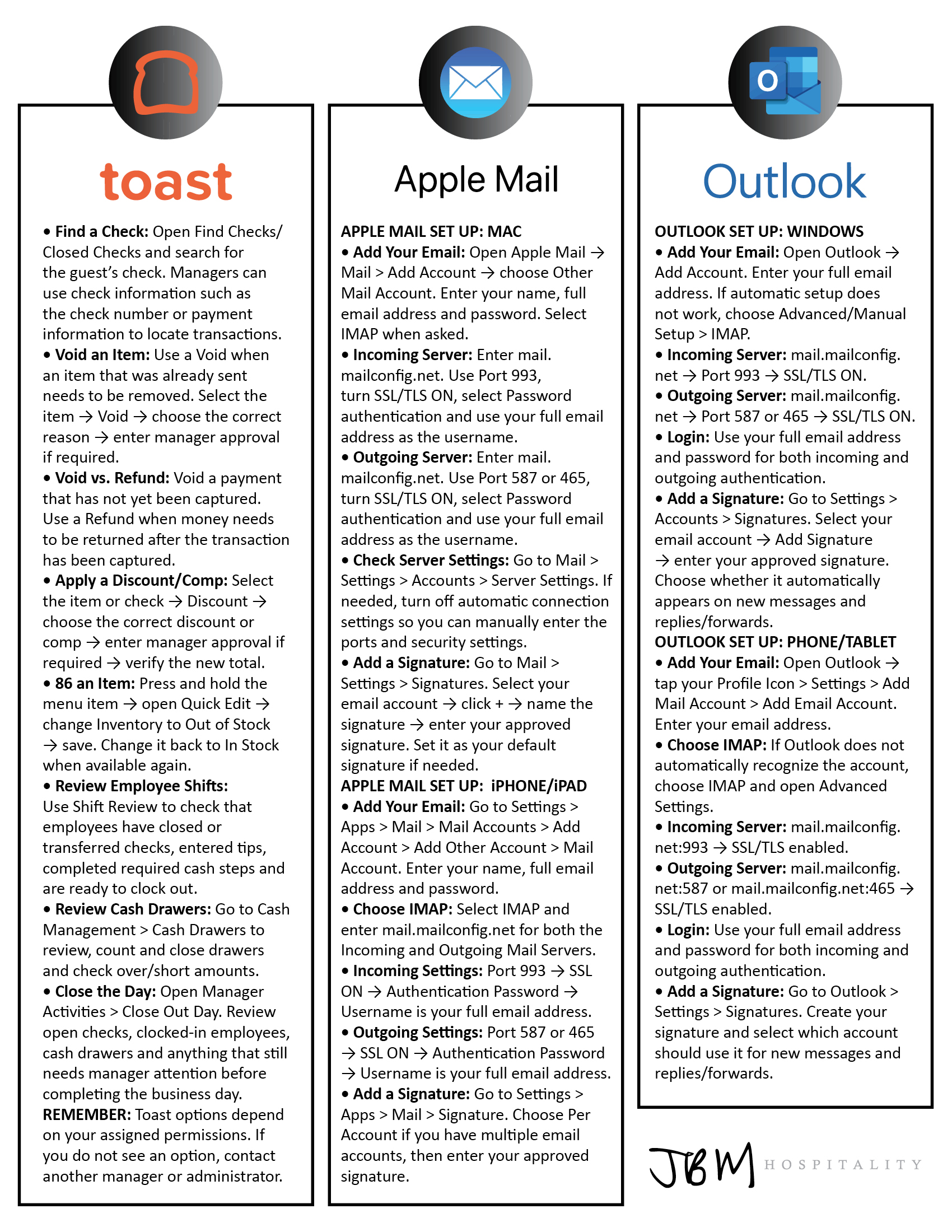 JBM Hospitality new hire cheat sheet back.