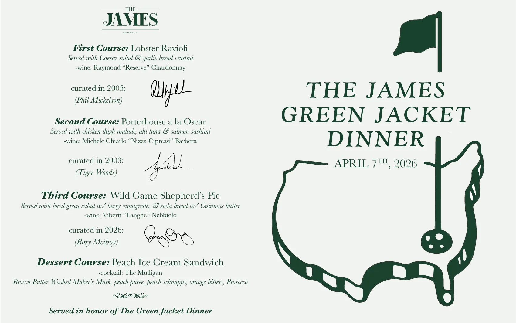 The James Green Jacket Dinner golf-inspired scorecard menu front