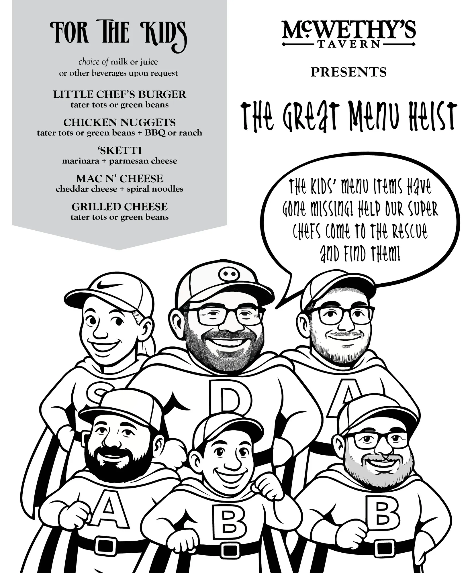 The Great Menu Heist Kids Menu cover and menu page