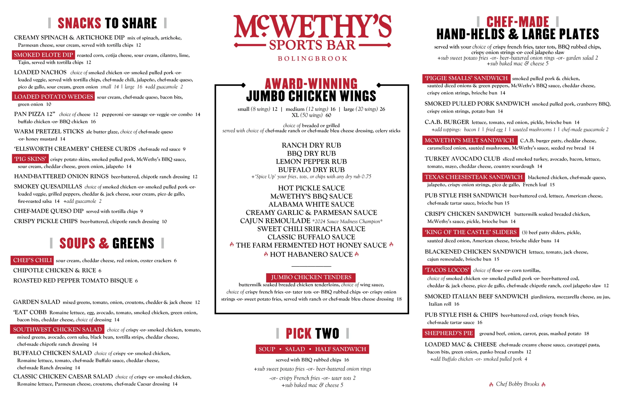 McWethy's Sports Bar menu design featuring wings, sauces, snacks, salads, hand-helds, and large plates