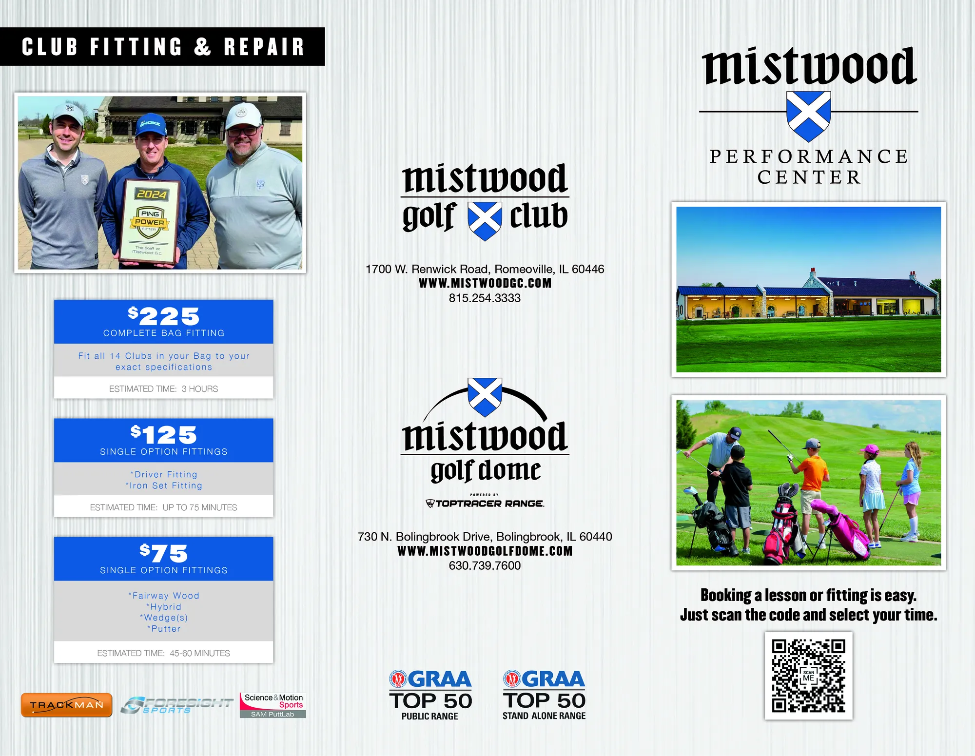 Mistwood Golf Club trifold flyer front design for lessons, fittings, and club repair