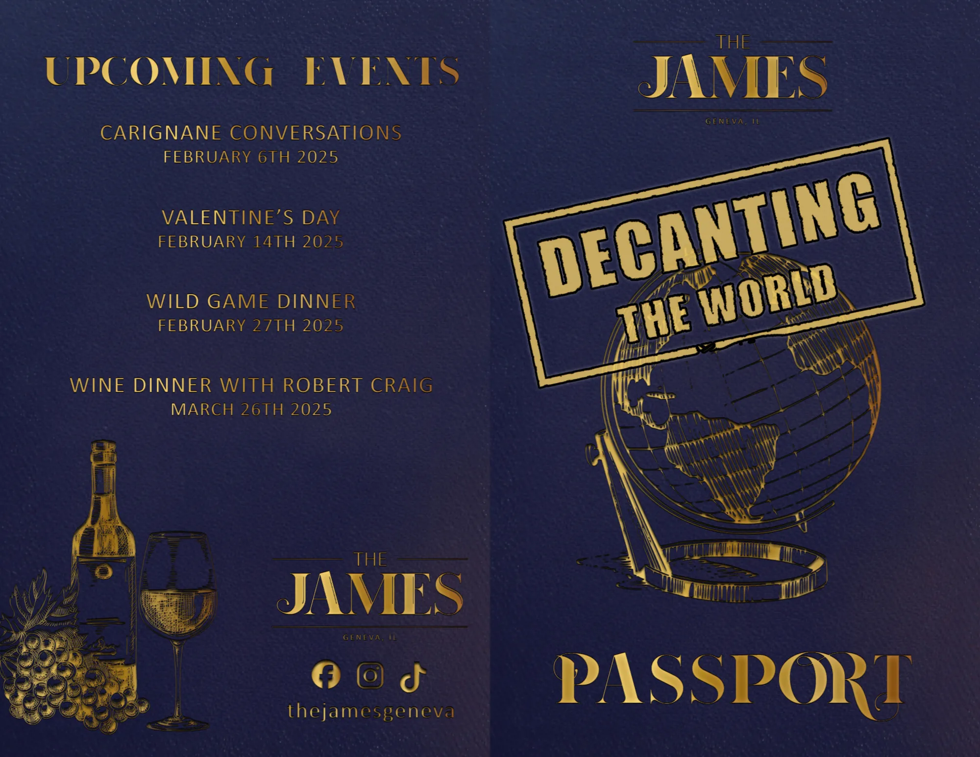 Decanting the World passport-themed menu cover and back with upcoming events