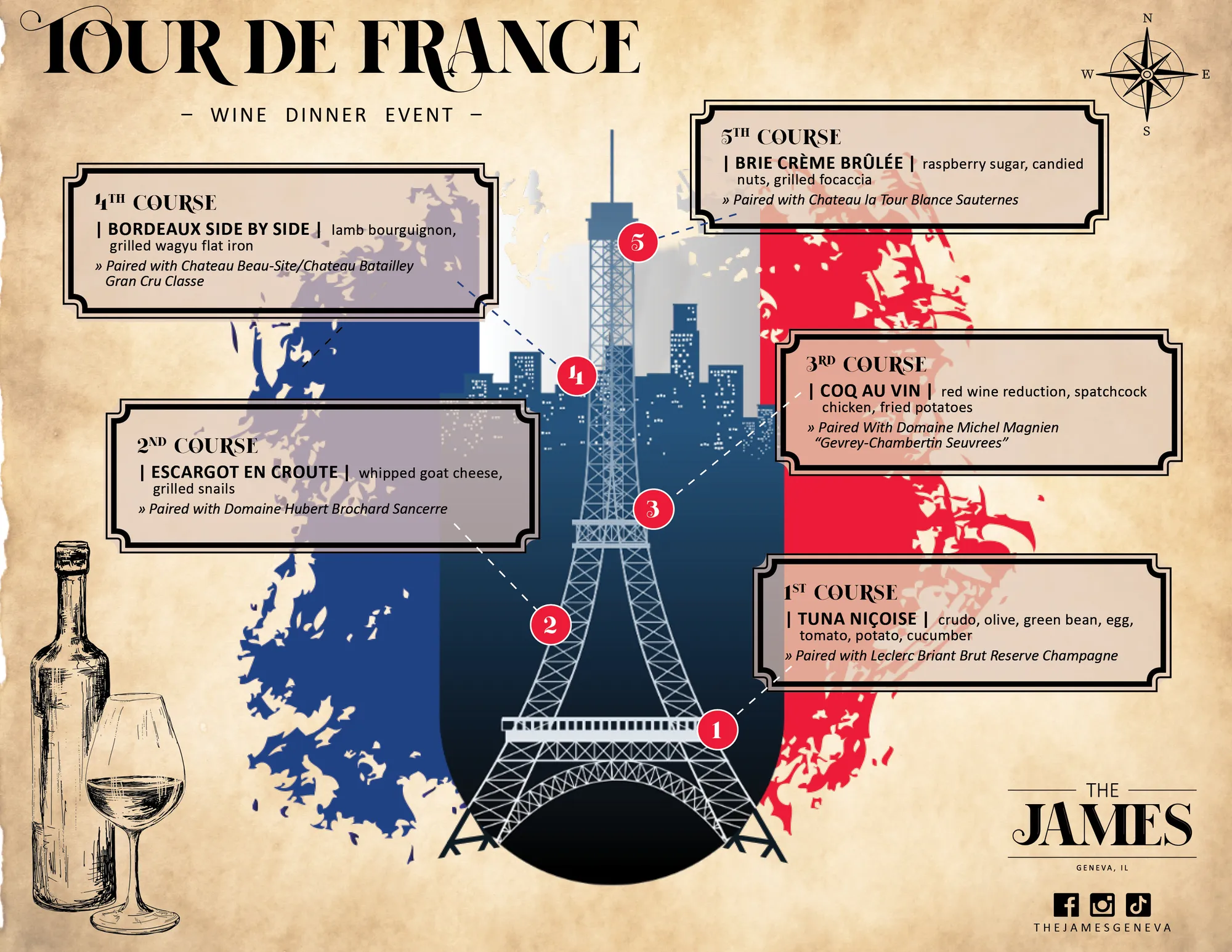 Tour de France wine dinner event map and five-course menu