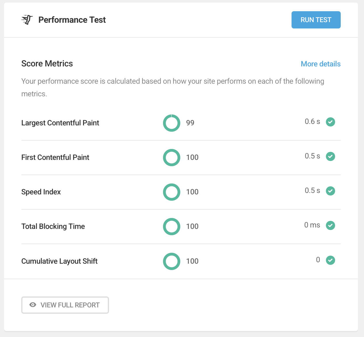 MPC Golf website performance report showing 0.6 second LCP and zero cumulative layout shift