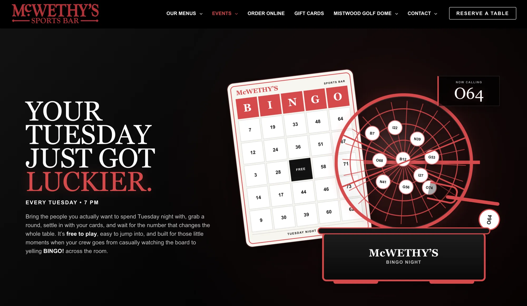 McWethy's Sports Bar Bingo website page