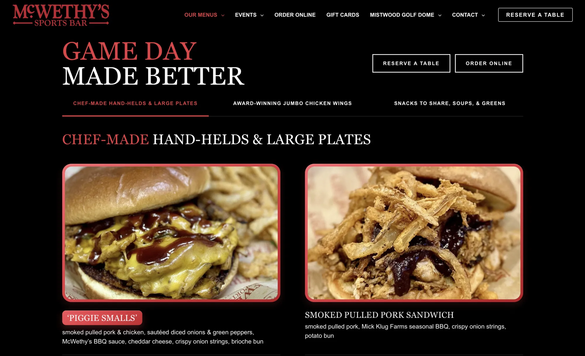 McWethy's Sports Bar Menu website page